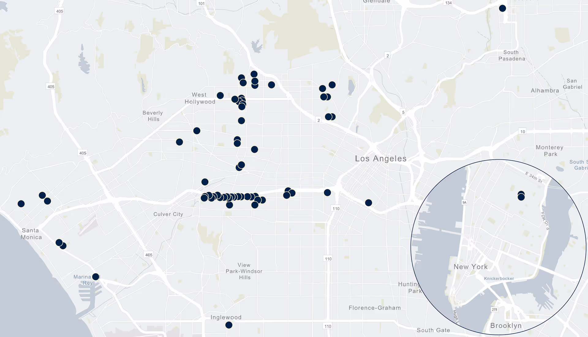 Asset Map including Los Angeles, California and New York, New York